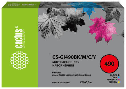 Набор чернил Cactus CS-GI490BK/M/C/Y GI-490, для Canon, 100мл, многоцветный