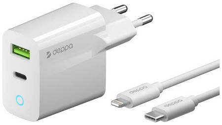 Сетевое зарядное устройство Deppa 20W, USB + USB type-C, 8-pin Lightning (Apple), 3A