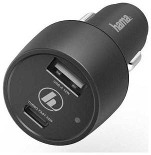Автомобильное зарядное устройство HAMA H-183323, USB-C + USB-A, 3A, черный [00183323] 9668278018