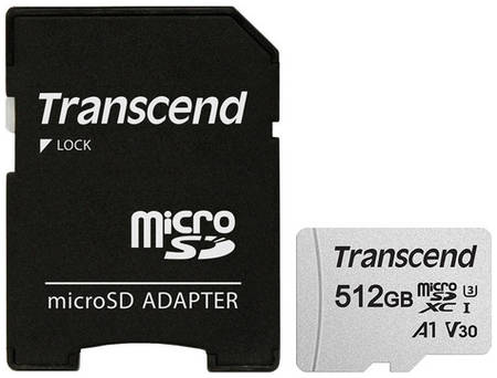 Карта памяти microSDXC UHS-I U3 Transcend 300S 512 ГБ, 100 МБ/с, Class 10, TS512GUSD300S-A, 1 шт., переходник SD
