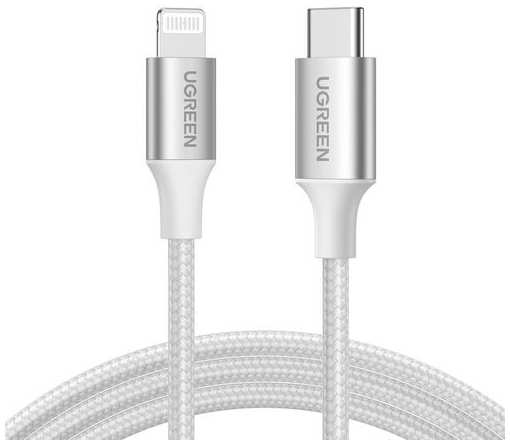 Кабель UGREEN US304, Lightning (m) - USB Type-C (m), 1м, MFI, в оплетке, 3A, серебристый / черный [70523]