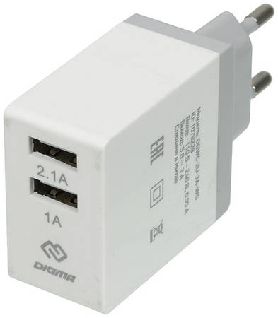 Сетевое зарядное устройство Digma DGWC-2U-3A-WG, 2xUSB, 15.5Вт, 3.1A, белый 9668495663