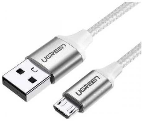 Кабель UGREEN US290, micro USB (m) - USB-A, 1м, в оплетке, 2A, серебристый [60151] 9668550877