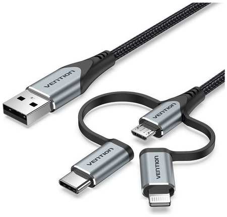 Кабель VENTION CQJHF, Lightning (m)/USB Type-C (m)/micro USB (m) - USB (m), 1м, MFI, в оплетке, черный 9668552638