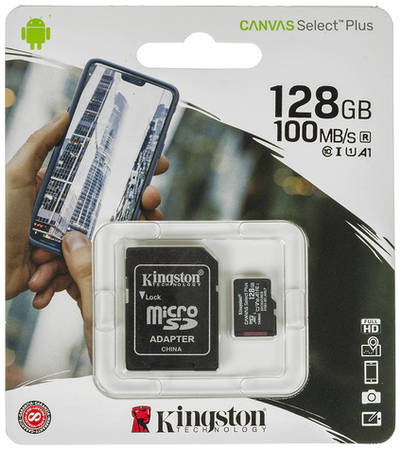 Карта памяти microSDXC UHS-I U1 Kingston Canvas Select Plus 128 ГБ, 100 МБ/с, Class 10, SDCS2/128GB, 1 шт., переходник SD