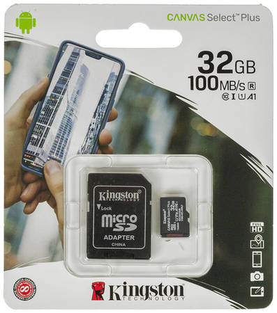 Карта памяти microSDHC UHS-I U1 Kingston Canvas Select Plus 32 ГБ, 100 МБ/с, Class 10, SDCS2/32GB, 1 шт., переходник SD 9668649663