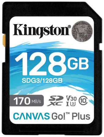 Карта памяти SDXC UHS-I U3 Kingston Canvas Go! Plus 128 ГБ, 170 МБ/с, Class 10, SDG3/128GB, 1 шт., без адаптера