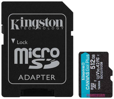 Карта памяти microSDXC UHS-I U3 Kingston Canvas Go! Plus 512 ГБ, 170 МБ/с, Class 10, SDCG3/512GB, 1 шт., переходник SD