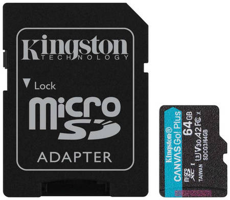 Карта памяти microSDXC UHS-I U3 Kingston Canvas Go! Plus 64 ГБ, 170 МБ/с, Class 10, SDCG3/64GB, 1 шт., переходник SD 9668759424