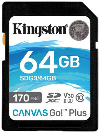 Карта памяти SDXC UHS-I U3 Kingston Canvas Go! Plus 64 ГБ, 170 МБ/с, Class 10, SDG3/64GB, 1 шт., без адаптера