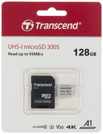 Карта памяти microSDXC UHS-I U3 Transcend 128 ГБ, 100 МБ/с, TS128GUSD300S-A, 1 шт., переходник SD