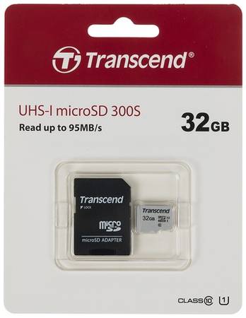 Карта памяти microSDHC UHS-I U1 Transcend 32 ГБ, 100 МБ/с, Class 10, TS32GUSD300S-A, 1 шт., переходник SD 9668848528
