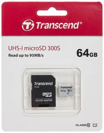 Карта памяти microSDXC UHS-I U1 Transcend 64 ГБ, 100 МБ/с, Class 10, TS64GUSD300S-A, 1 шт., переходник SD