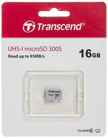 Карта памяти microSDHC UHS-I U1 Transcend 16 ГБ, 95 МБ/с, Class 10, TS16GUSD300S, 1 шт., без адаптера