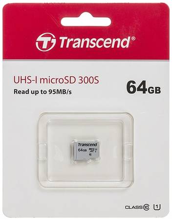 Карта памяти microSDXC UHS-I U1 Transcend 64 ГБ, 95 МБ/с, Class 10, TS64GUSD300S, 1 шт.