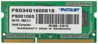 Оперативная память Patriot PSD34G160081S DDR3 - 1x 4ГБ 1600МГц, для ноутбуков (SO-DIMM), Ret