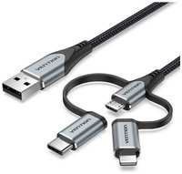 Кабель VENTION CQJHF, Lightning (m) / USB Type-C (m) / micro USB (m) - USB (m), 1м, MFI, в оплетке, черный
