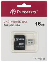 Карта памяти microSDHC UHS-I U1 Transcend 16 ГБ, 95 МБ/с, Class 10, TS16GUSD300S-A, 1 шт., переходник SD