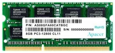 Модуль памяти SODIMM DDR3 8GB Apacer DS.08G2K.KAM (AS08GFA60CATBGC) PC3-12800 1600MHz 2Rx8 CL11 204-pin 1.5V 969055348