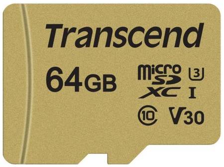 Карта памяти 64GB Transcend TS64GUSD500S microSDXC Class 10 U3, V30 500S + адаптер, MLC