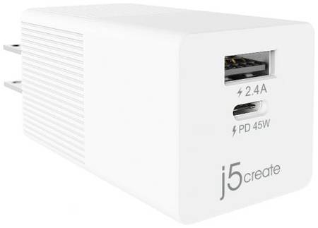 Зарядное устройство сетевое j5create JUP2445 45W USB-C mini charger,USB-C до 45Вт, USB-A до 12Вт 969324090