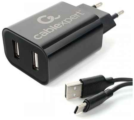 Зарядное устройство сетевое Cablexpert MP3A-PC-37 100/220V-5V, USB 2 порта, 2.4A, черное с кабелем