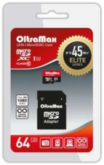 Карта памяти MicroSDXC 64GB OltraMax OM064GCSDXC10UHS-1-ElU1 Class 10 Elite UHS-I (45 Mb/s) + SD адаптер