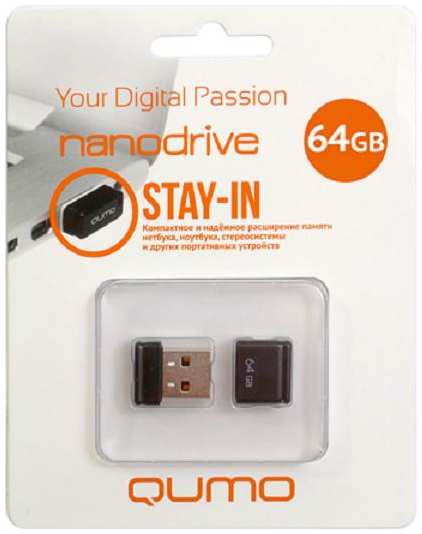 Накопитель USB 2.0 64GB Qumo QM64GUD-NANO-B Nano, чёрный 969335537