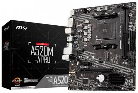 Материнская плата mATX MSI A520M-A PRO (AM4, AMD A520, 2*DDR4(4600), 4*SATA 6G, M.2, 2*PCIE, 7.1CH, Glan, 6*USB 3.2, DVI-D, HDMI)