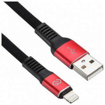 Кабель интерфейсный Digma 1080338 USB (m)-Lightning (m) 1.2м черный/красный плоский