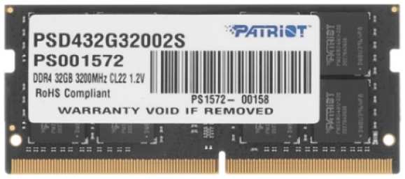 Модуль памяти SODIMM DDR4 32GB Patriot Memory PSD432G32002S Signature Line PC4-25600 3200MHz CL22 1.2V 969397322
