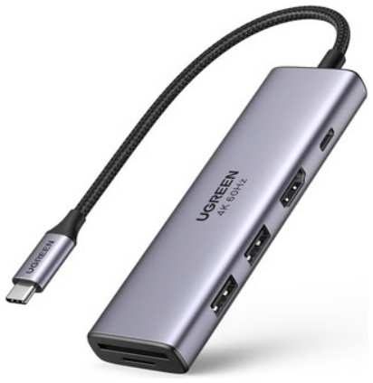 Концентратор UGREEN 60384 USB-C to 3*USB 3.0+PD+HDMI+SD/microSD, космос