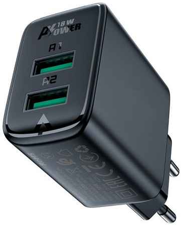 Зарядное устройство сетевое ACEFAST A33 двухпортовое, 18W, USB Type-A/USB Type-A, чёрное 969533660