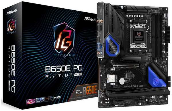 Материнская плата ATX ASRock B650E PG RIPTIDE WIFI (AM5, AMD B650, 4*DDR5 (6600), 2*SATA 6G RAID, 3*M.2, 3*PCIE, 2.5Glan, WiFi, BT, HDMI, USB Type-C