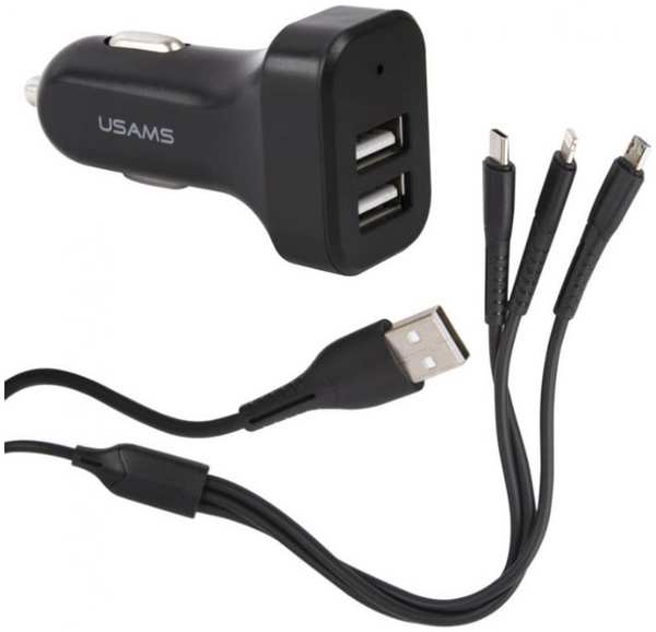 Зарядное устройство автомобильное Usams УТ000024854 кабель U35 3в1 1м+АЗУ C13 2.1A 2 USB, черное (NTU35YTSC13TZ) 969566856