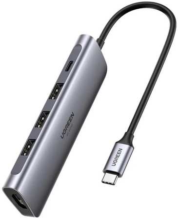 Адаптер UGREEN CM136 70495 мультифункциональный, USB Type-C to 3*USB Type-А 3.0, HDMI, USB Tape-C, цвет: серый космос 969594006