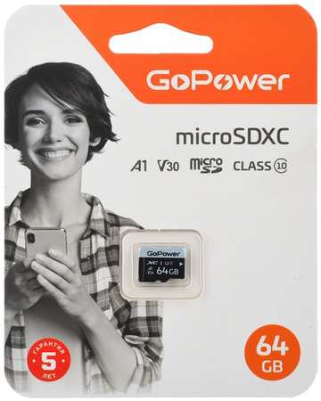 Карта памяти MicroSDXC 64GB GoPower 00-00025677 Class10 70 МБ/сек V30 без адаптера