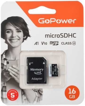 Карта памяти MicroSDHC 16GB GoPower 00-00025674 Class10 60 МБ/сек V10 с адаптером 9698406856