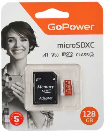 Карта памяти 128GB GoPower 00-00025682 microSDXC Class10 UHS-I (U3) 100 МБ/сек V30 с адаптером 9698412581