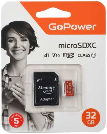 Карта памяти 32GB GoPower 00-00025679 microSDXC Class10 UHS-I (U3) 80 МБ/сек V10 с адаптером 9698412586