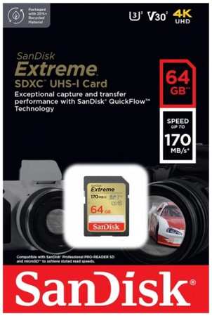 Карта памяти 64GB SanDisk SDSDXV2-064G-GNCIN Extreme SDXC Class 10 V30 UHS-I U3 170 Mb/s 9698412897