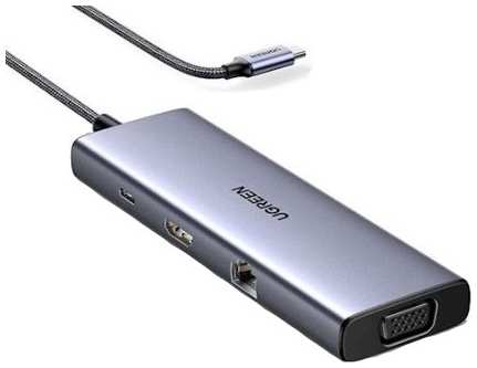 Разветвитель UGREEN CM498 15600_ USB-C to 3*USB-A TF SD VGA RJ45 HDMI PD100W USB-Type, космос