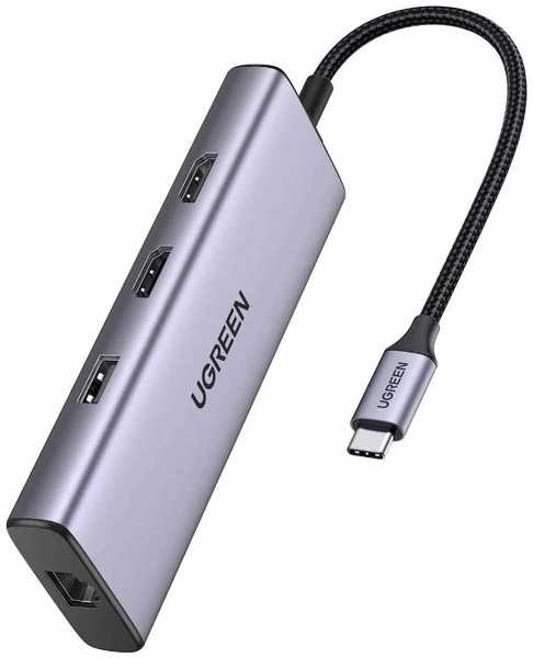 Разветвитель UGREEN CM490 90119_ USB-C to 2*USB 3.0+1×USB 2.0+2*HDMI+RJ45(1000M)+SD+TF+PD 4K60Hz