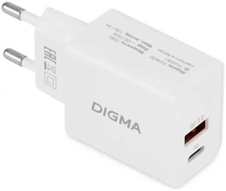 Зарядное устройство сетевое Digma DGW2D0F110WH DGW2D 20W 3A+1A (PD+QC) USB-C/USB-A универсальное белый 9698415659