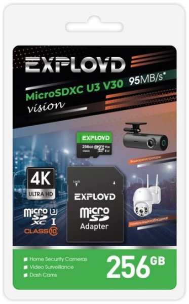 Карта памяти MicroSDXC 256GB Exployd EX256GCSDXC10-U3-V30 Class 10 Vision UHS-I U3 V30 (95 Mb/s) + SD адаптер