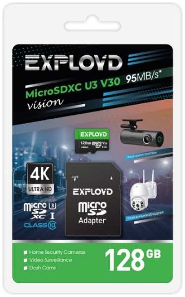 Карта памяти MicroSDXC 128GB Exployd EX128GCSDXC10-U3-V30 Class 10 Vision UHS-I U3 V30 (95 Mb/s) + SD адаптер 9698419915