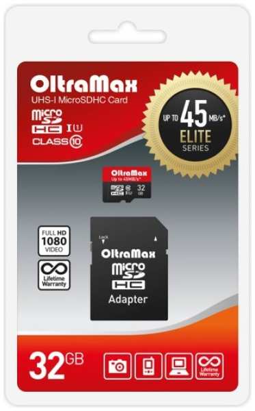 Карта памяти MicroSDHC 32GB OltraMax OM032GCSDHC10UHS-1-ElU1 Class 10 Elite UHS-I (45 Mb/s) + SD адаптер 9698419920