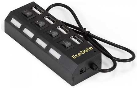 Концентратор Exegate EX293977RUS 4-в-1 (кабель-адаптер USB2.0 --> 4xUSB2.0, кнопки включения/отключения для каждого порта, Plug&Play, черный) 9698420031
