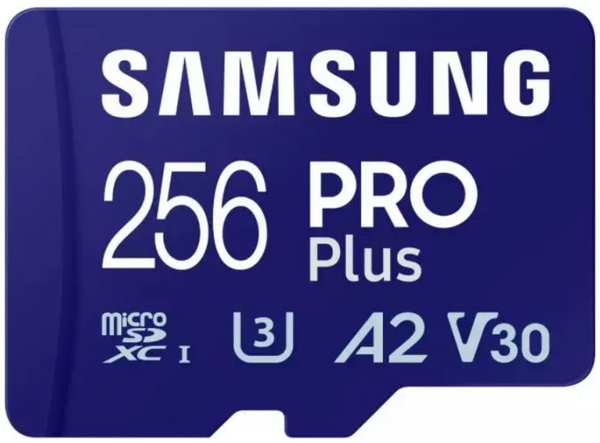 Карта памяти MicroSDXC 256GB Samsung MB-MD256SA/EU PRO Plus Class 10, A2, V30, UHS-I (U3), W 130 МБ/с, R 180 МБ/с, адаптер на SD 9698421116