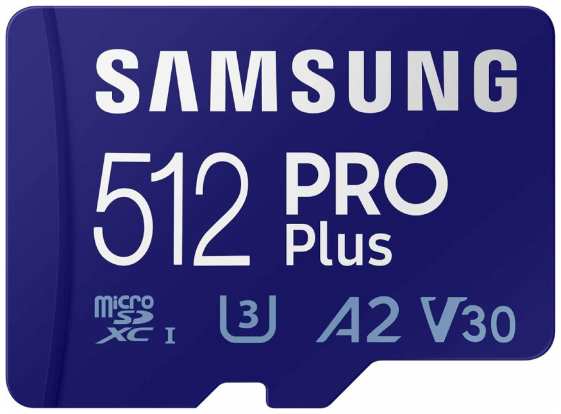 Карта памяти MicroSDXC 512GB Samsung MB-MD512SA/EU PRO Plus Class 10, A2, V30, UHS-I (U3), W 130 МБ/с, R 180 МБ/с, адаптер на SD 9698421117